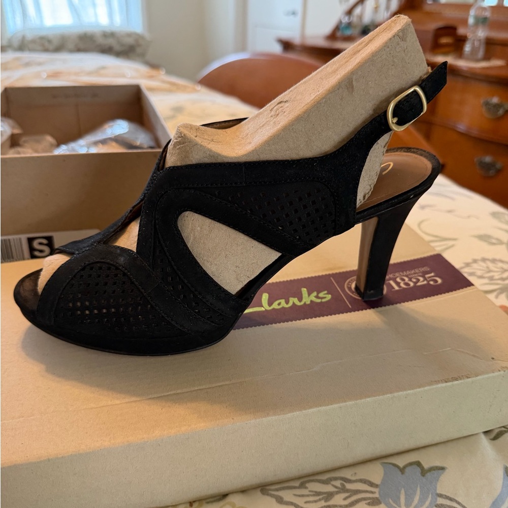 Clarks Black Peep-Toe Heels